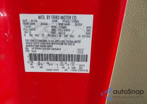 2006 Ford F-150 Lariat/Xlt z USA, uszkodzony, nr VIN 1FTPW12V16FA81432